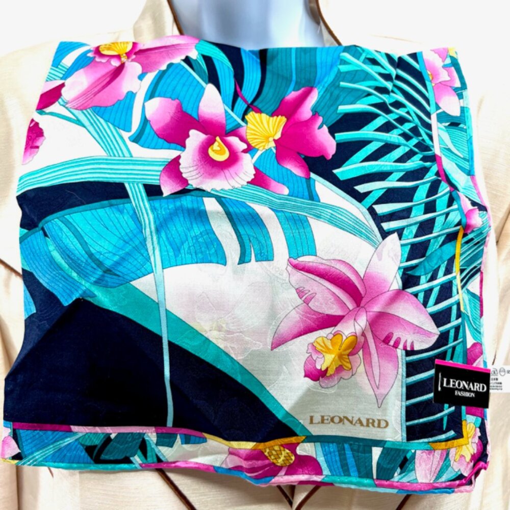 New Tag On Leonard  Scarf Cotton/Silk 22"  Black Blue Green Pink floral (54) - Picture 3 of 7